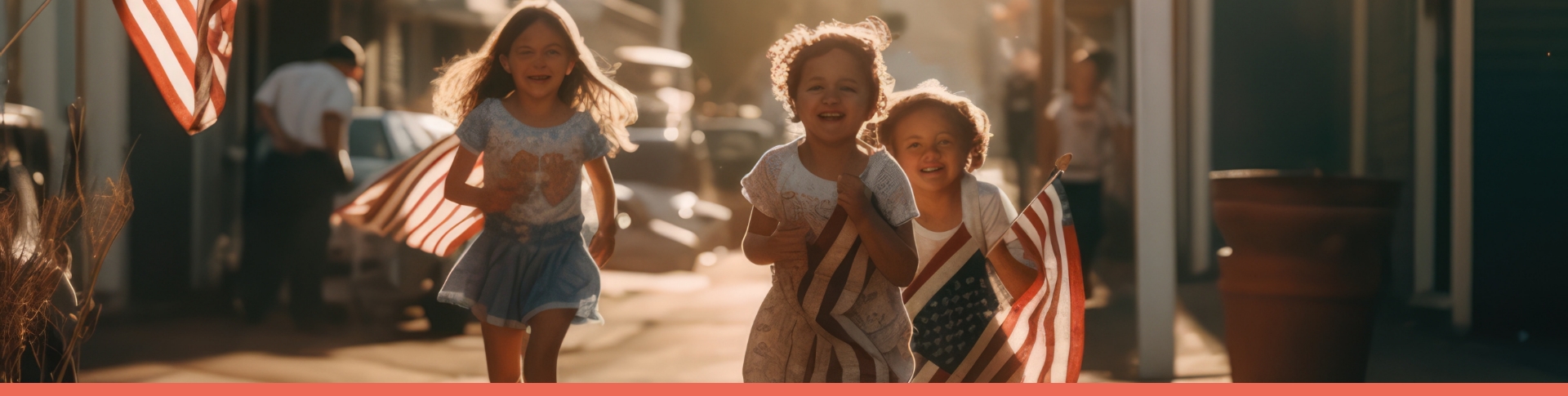 Kids running holding flag